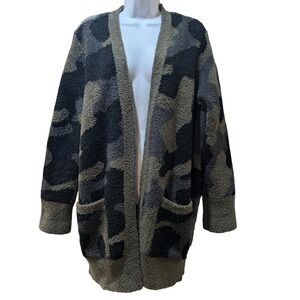 Barefoot Dreams Large CozyChic Canyon Cardi Camo Cardigan Sweater Green Black